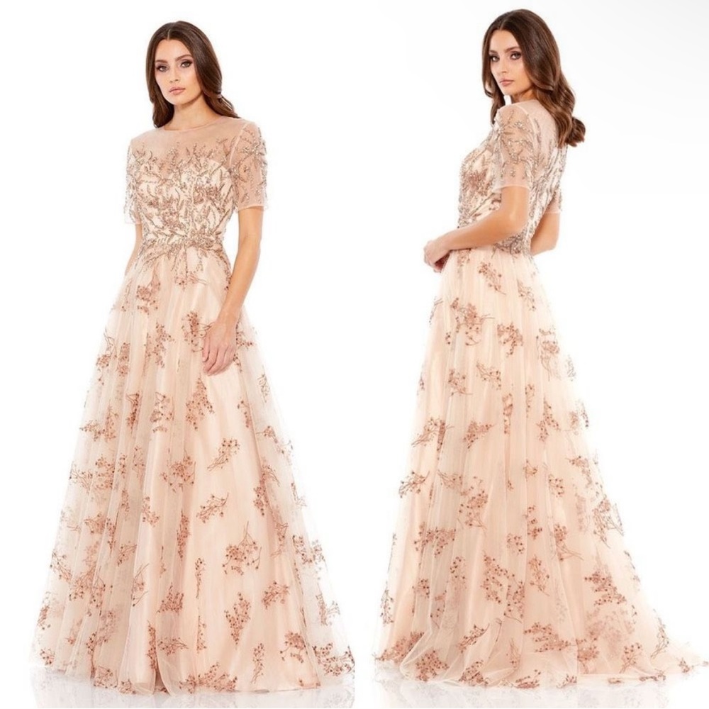 Mac Duggal Nude Embroidered Maxi Dress